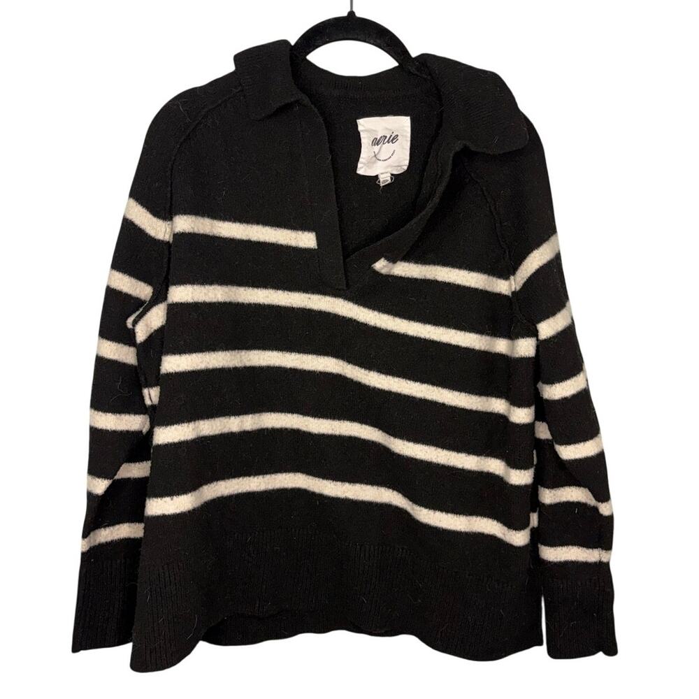 Aerie V-Neck Pullover Sweater Size XS Black White Striped Oversized Collar